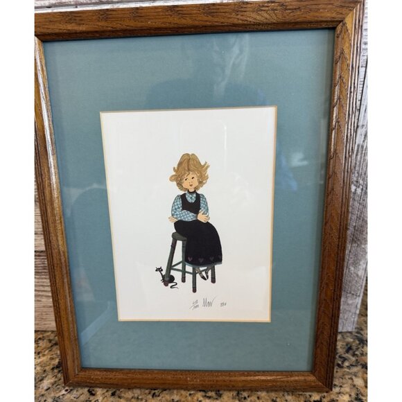 P Buckley Moss Print Girl On Stool W/ Cat Signed Matted & Framed 650/1000 1988 - Picture 1 of 6